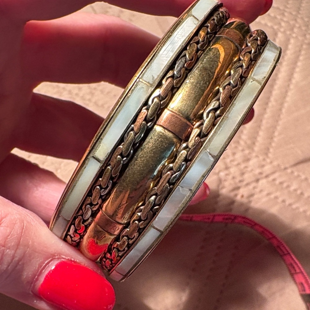 017) Vintage Gold Toned Brass Mother Of Pearl Bangl